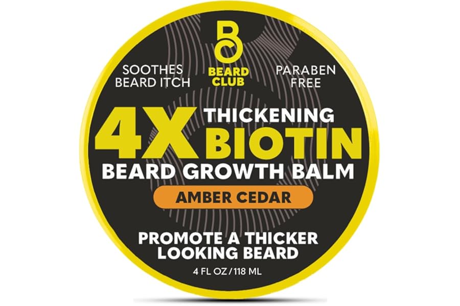 The Beard Club Biotin Beard Balm for Men – Beard Growth Shea Butter with Castor & Coconut Oil – Moisturizing, Hydrating and Softening Cream – Amber Cedar Scent – 4 oz