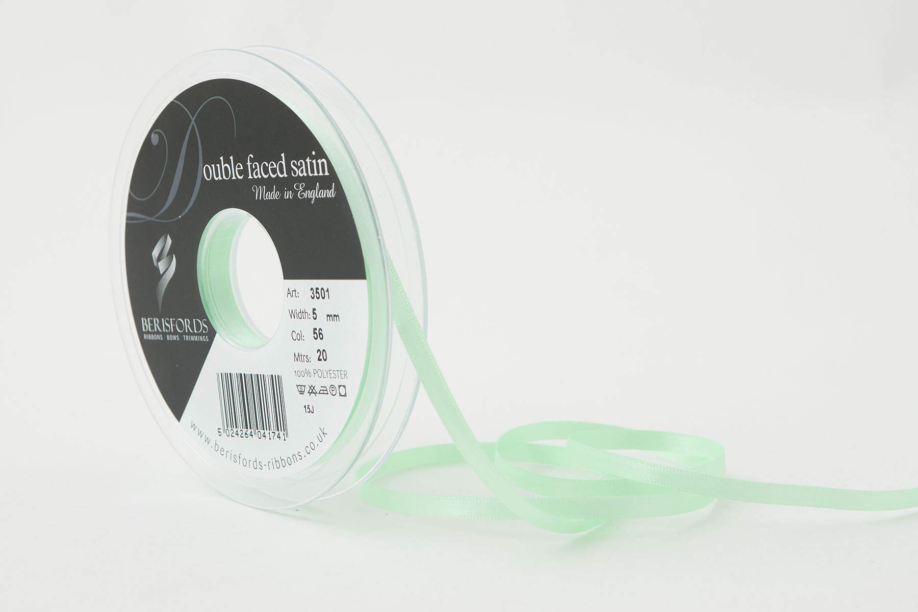 Berisfords Double FACE Poly Satin Ribbon, Mint Green, 5 mm