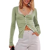 Outfeel Women Ribbed Knit T-Shirt Tops Long Sleeve Button Down Stretchy Slim Fit Scoop Neck Blouse