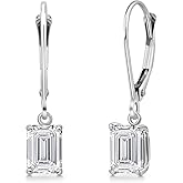 Gem Stone King 14K White Gold Gemstone Birthstone Leverback Dangle Leverback Dangle Earrings for Women | Emerald Cut 6X4MM | Gold Jewelry for Her Mom Wife