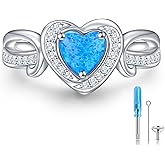 HOOHWE Heart Urn Rings for Ashes for Women 925 Sterling Silver Synthetic Opal Cremation Rings Urn Jewelry for Ashes of Loved Ones