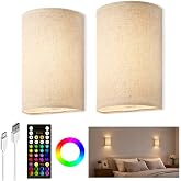 EZVALO Battery Operated Wall Sconce Set of Two with Remote, Wall Lights | Rechargeable, Peel and Stick, Wireless, 3 Color &amp; 80 RGB, Dimmable, Timer, Fabric Linen Wall Mount Lamp for Bedroom