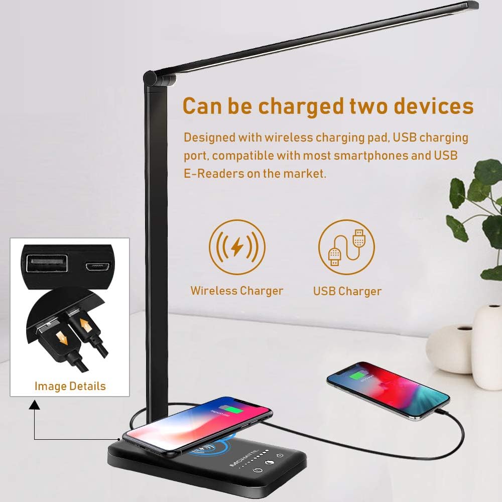 MCHATTE LED Desk Lamp with Wireless Charger, USB Charging Port, Dimmable Eye-Caring Desk Light with 5 Brightness Levels & 5 Lighting Modes, Touch Control, Auto Timer (Black): Home & Kitchen