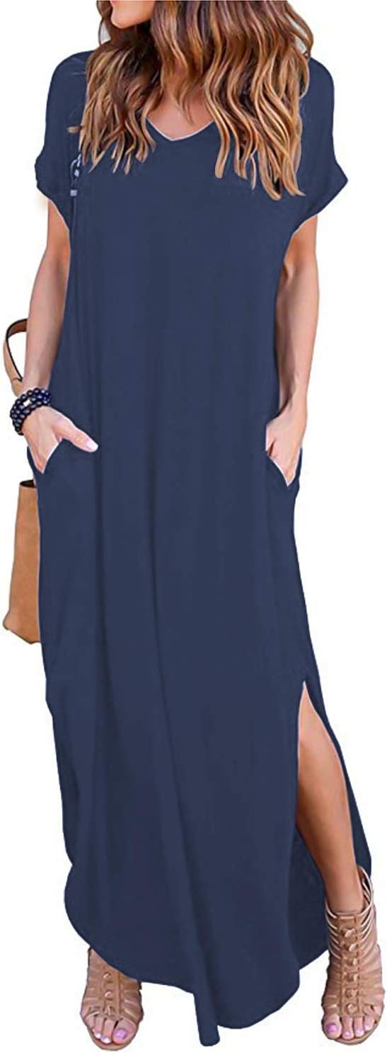 Women's Short Sleeve V Neck Pocket Casual Side Split Beach Long Maxi Dress