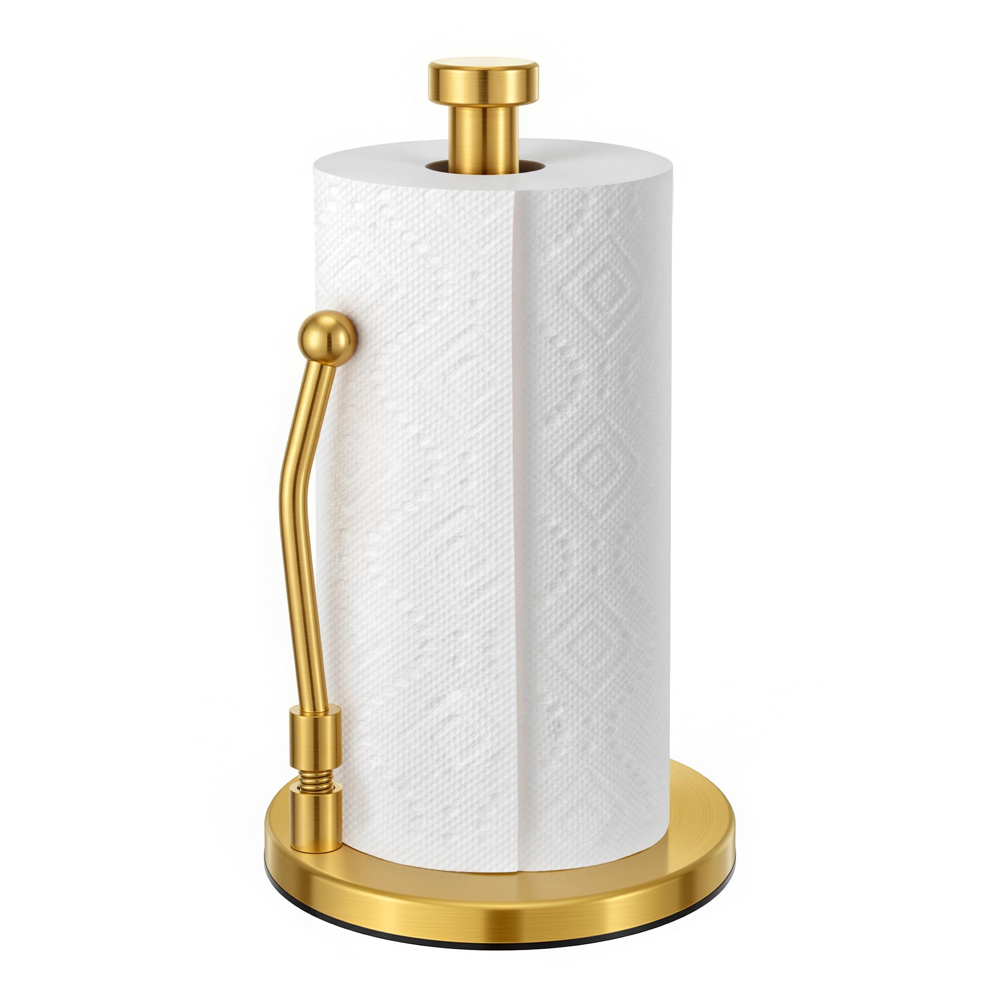 HEETA Kitchen Roll Holder, Free Standing Paper Towel Holder Weighted Base Non Slip, Spring Arm Fit Most Size Paper Roll, Stainless Steel Stand for Home Kitchen Countertop Tabletop, Gold