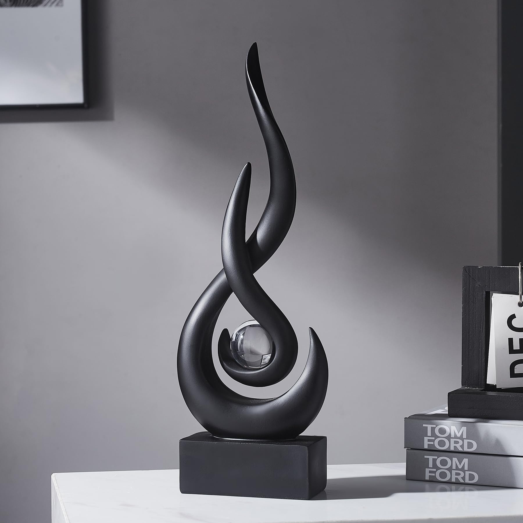 Photo 1 of FJSPERM Black Flame Statue Decor for Living Room, 13.7" H Modern Minimalist Sculptures Home Decorations for Dining Room, Abstract Art Sculpture for Shelf Coffee Table Centerpiece