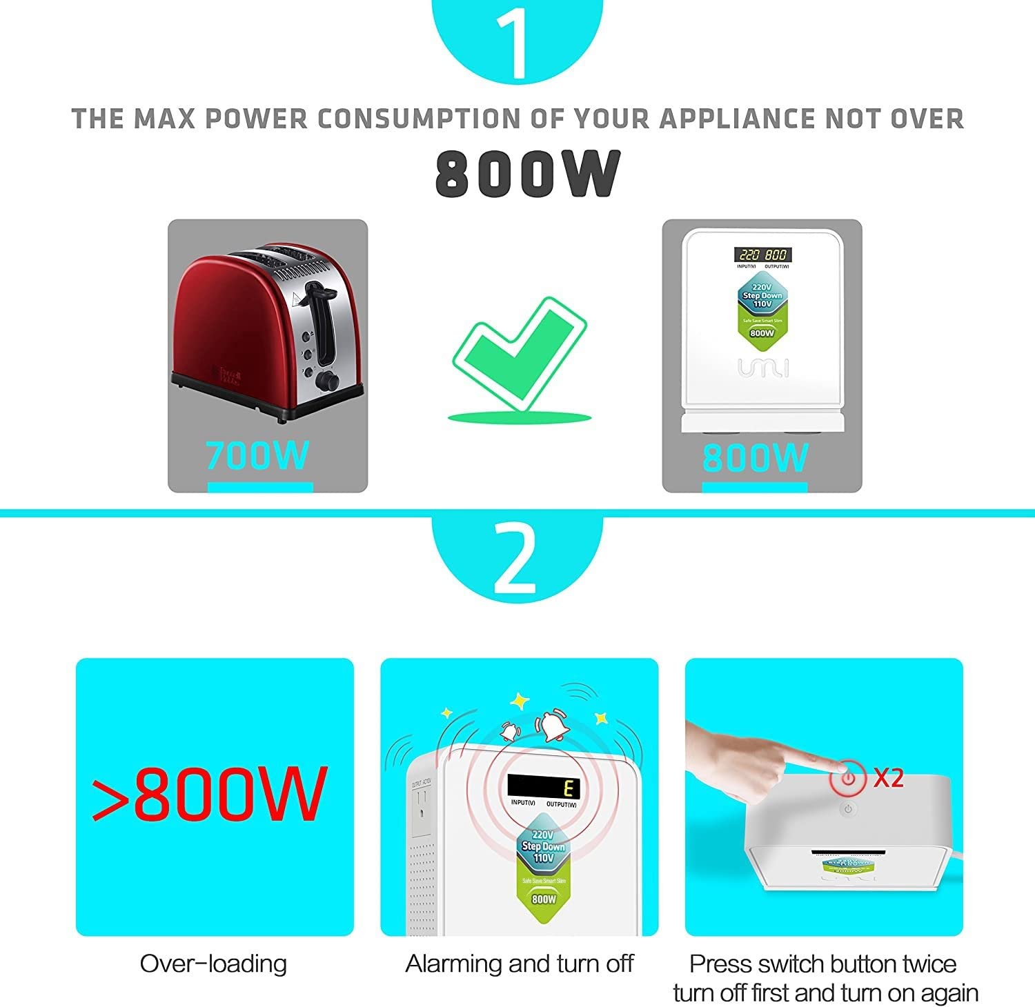 UMI Step Down Voltage Converter 800 Watts 220V to 110V for US Canada Japan Electrical Appliances Use in Europe and Asia 220-240v Power System - Adopt Toroidal Transformer - Stable and Safe