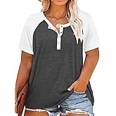 VISLILY Women's Plus Size Tops Raglan Henley Shirts Buttons Up Tunics Color Block Tee