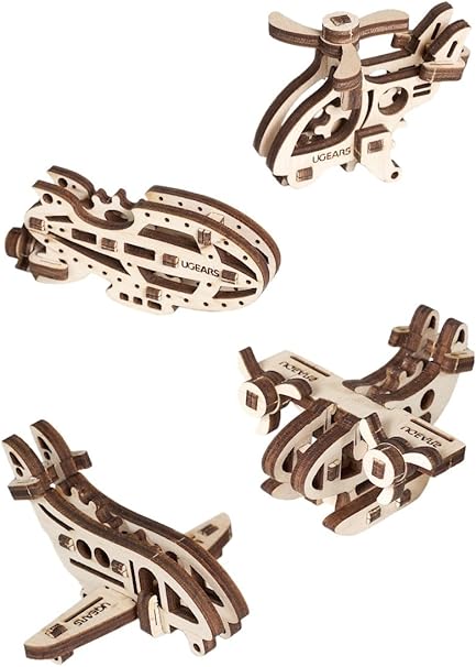 UGEARS U-Fidgets Aircrafts - Set of 4 (Helicopter, Hydroplane, Airship, Airplane) 3D Wooden Puzzles for 5 year Old, DIY Kits for Teens, Educational Games & DIY for Kids, Anti-Stress DIY Kit for Adults