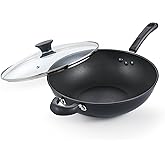 Cook N Home Hard Anodized Nonstick Wok with Lid 12-Inch, Non Stick Stir-Fry Pan, Flat Bottom Wok Pan, Induction Cookware, Black