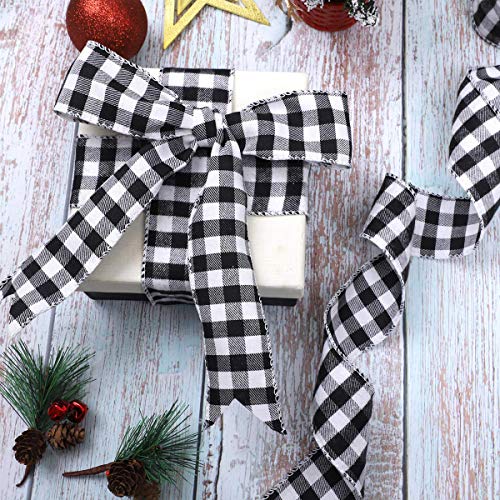 WAVEYU Buffalo Check Plaid Wired Ribbon Gingham Ribbon 2" Wide 236'' Length for Christmas Tree,Wreath Bows,Festive Farmhouse Decoration,Gift Wrapping Crafts,Floral Arrangement,Black and White