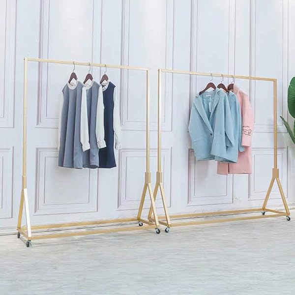 FURVOKIA MODERN SIMPLE HEAVY DUTY METAL ROLLING GARMENT RACK WITH WHEEL,RETAIL DISPLAY CLOTHING RACK, SINGLE ROD FLOOR-STANDING HANGERS CLOTHES SHELVES (GOLD SQUARE TUBE A, 47.2 L)