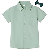 Boys Dress Short Sleeve Shirts Classic Formal Button Down Shirt with Removable Bow Tie for 6-10 Years