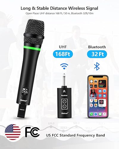 Bietrun Wireless Microphone Rechargeable, 168FT Range Bluetooth Microphone  Wireless (Work hrs) with 1/4'' Ou