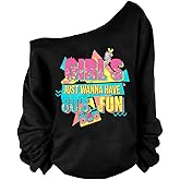QLIPIN 80s 90s Outfits for Women 80's Theme Party Long Sleeve Shirt 90s Off the Shoulder Sweatshirt Retro Neon Disco Pullover