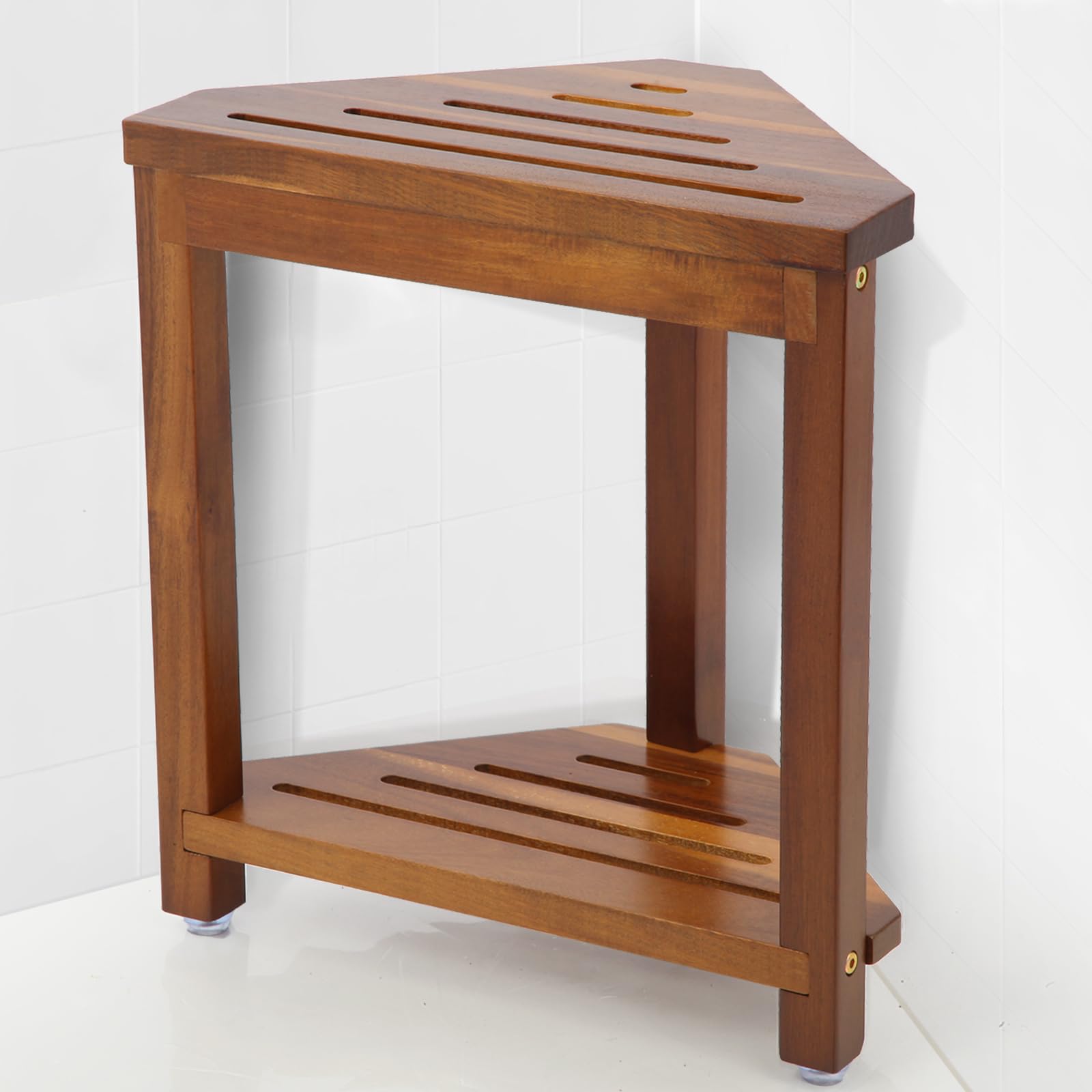 Photo 1 of IBosins 16in Shower Foot Rest Corner Shower Stool for Shaving Legs with Storage Shelf Small Bench for Inside Shower to Sit on Bath Seat - Acacia Wood