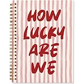 WXHUM Trendy Preppy Girly Aesthetic Spiral Notebook Journal, Positive Affirmation Gifts for Women, How Lucky Are We Pink Striped Notebooks Journals for Work School Note Taking, 5.5x8.3