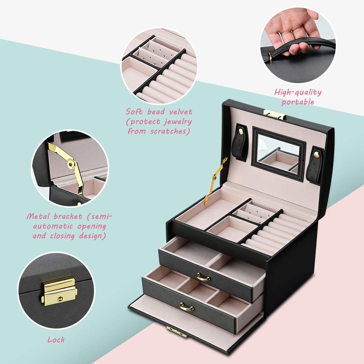 Podazz Jewelry Box for Women 3 Layers PU Leather Jewellry Organizer with Mirror and Lock, Drawer type - Image 3