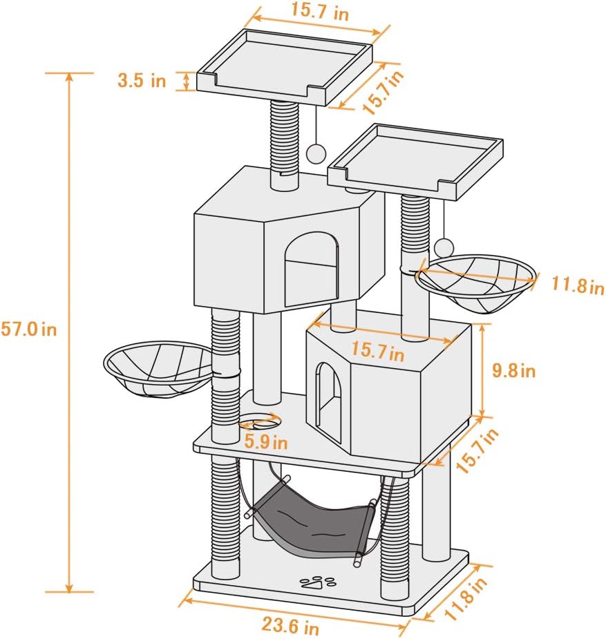Multi-Level Cat Tree, MQ Cat Tower 57'' with Sisal-Covered Scratching Posts Cat Activity Center Play Furniture, Dual Plush Perch, Dual Cat House Condo & Basket, Removable Hammock for Kittens Large Cat : Pet Supplies