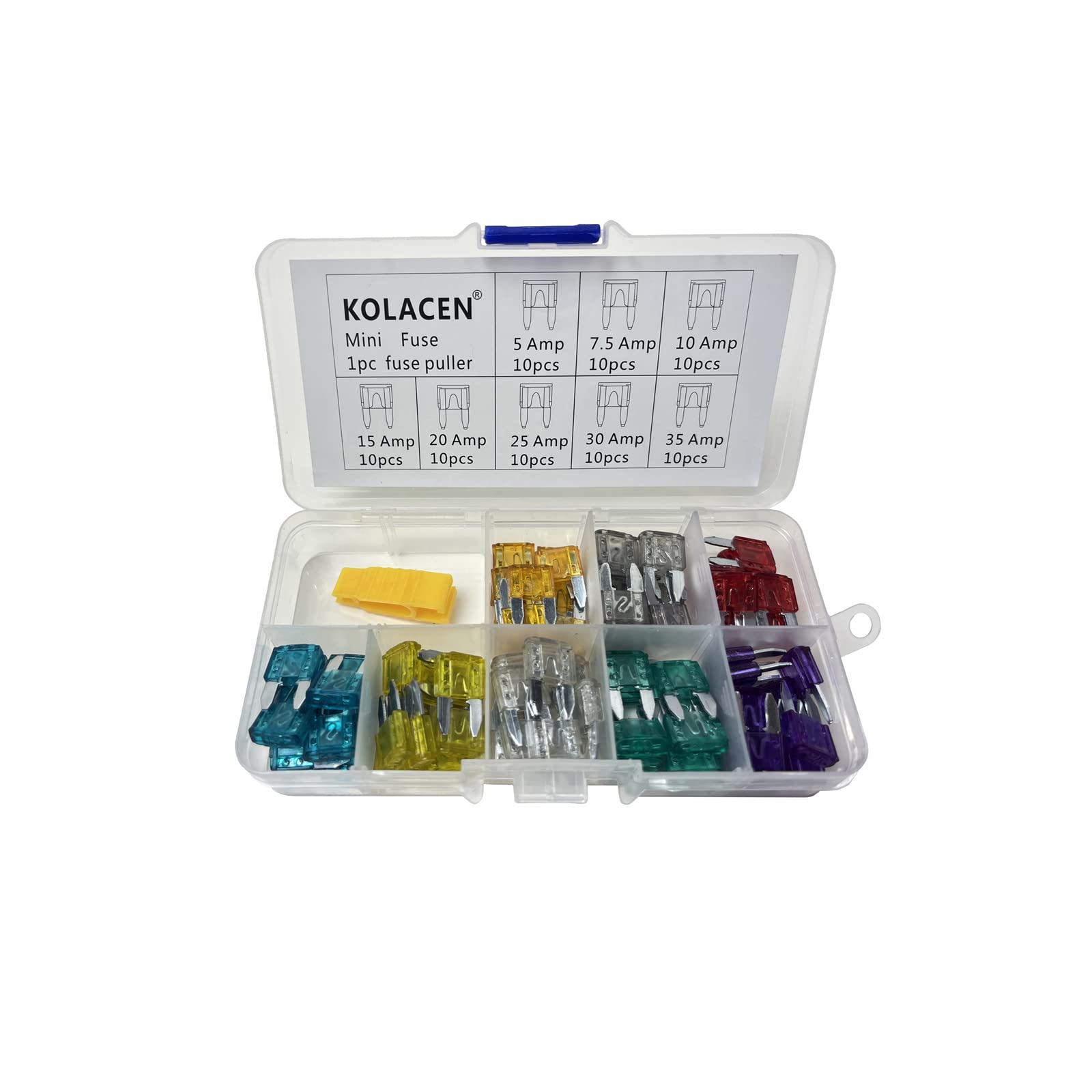 KOLACEN Automotive Car Truck Mini Blade Type Fuse Assorted Kit 5 7.5 10 15 20 25 30 35Amp + Fuse Puller (Pack of 81)