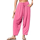 TARSE Women's Linen Harem Pants Casual Loose Fit Wide Leg Cropped Lightweight Drawstring Elastic Waist Pants with Pockets