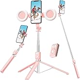 Selfie Stick Tripod with Fill Light, Phone Selfie Stick,Durable Stainless Steel Design,Bluetooth Remote Control,and Stable Three-Legged Support for Live Broadcasts,Video Shooting (Pink)