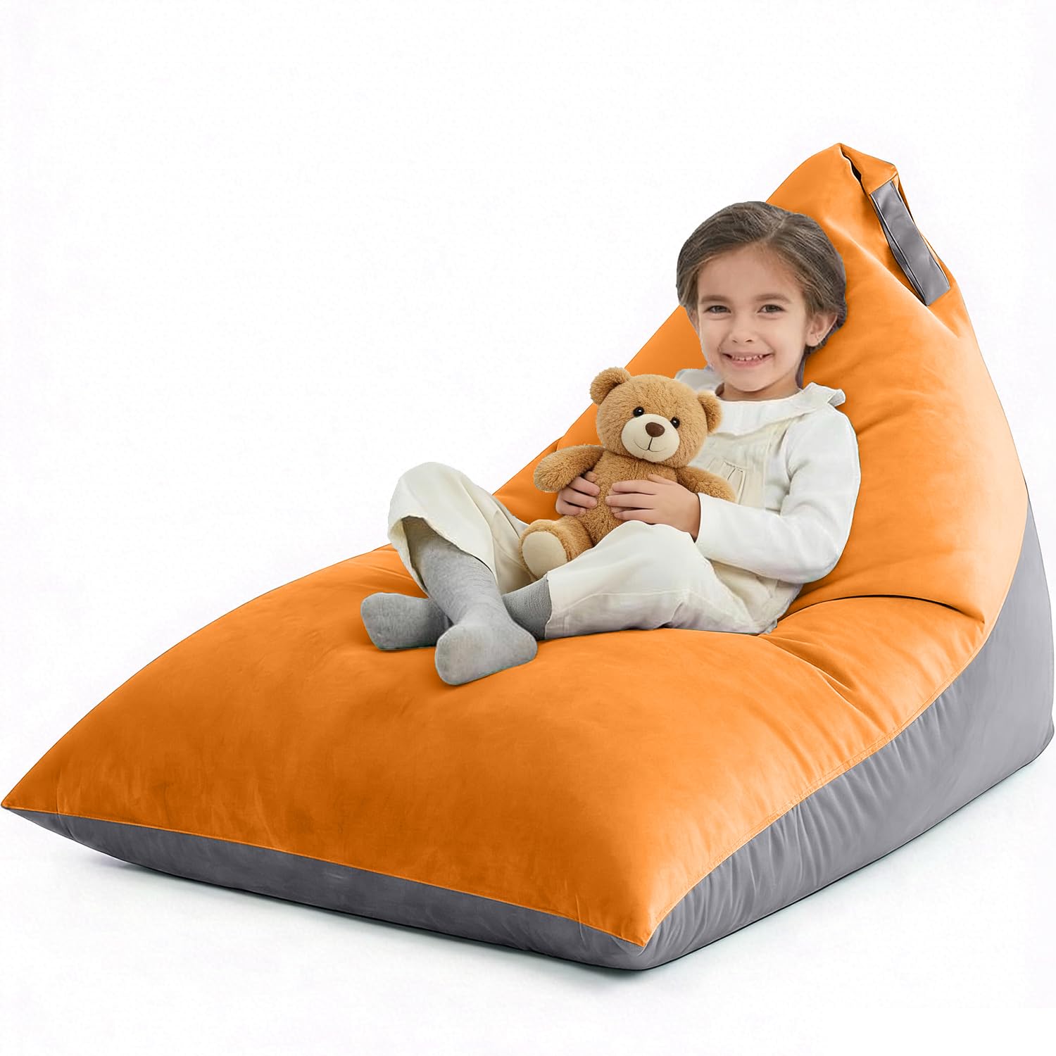 Nobildonna 4ft Bean Bag Chair Cover (No Filler) for Adults, 400L Extra Large Triangular Beanbag Chair Cover, Washable Beanbag Without Filling Ultra Soft Lazy Sofa Premium Velvet Cover (Orang Grey)