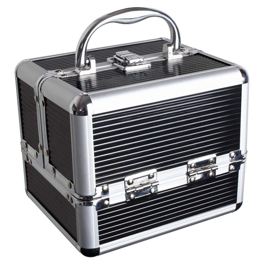 iGadgitz Home U7037 - Aluminium Make Up Case, Cosmetic Case, Hard Vanity Case, Make Up Box, Beauty Case - 4 x Fold Out Trays, Larger Bottom Compartment & Carry Handle - Black - Small