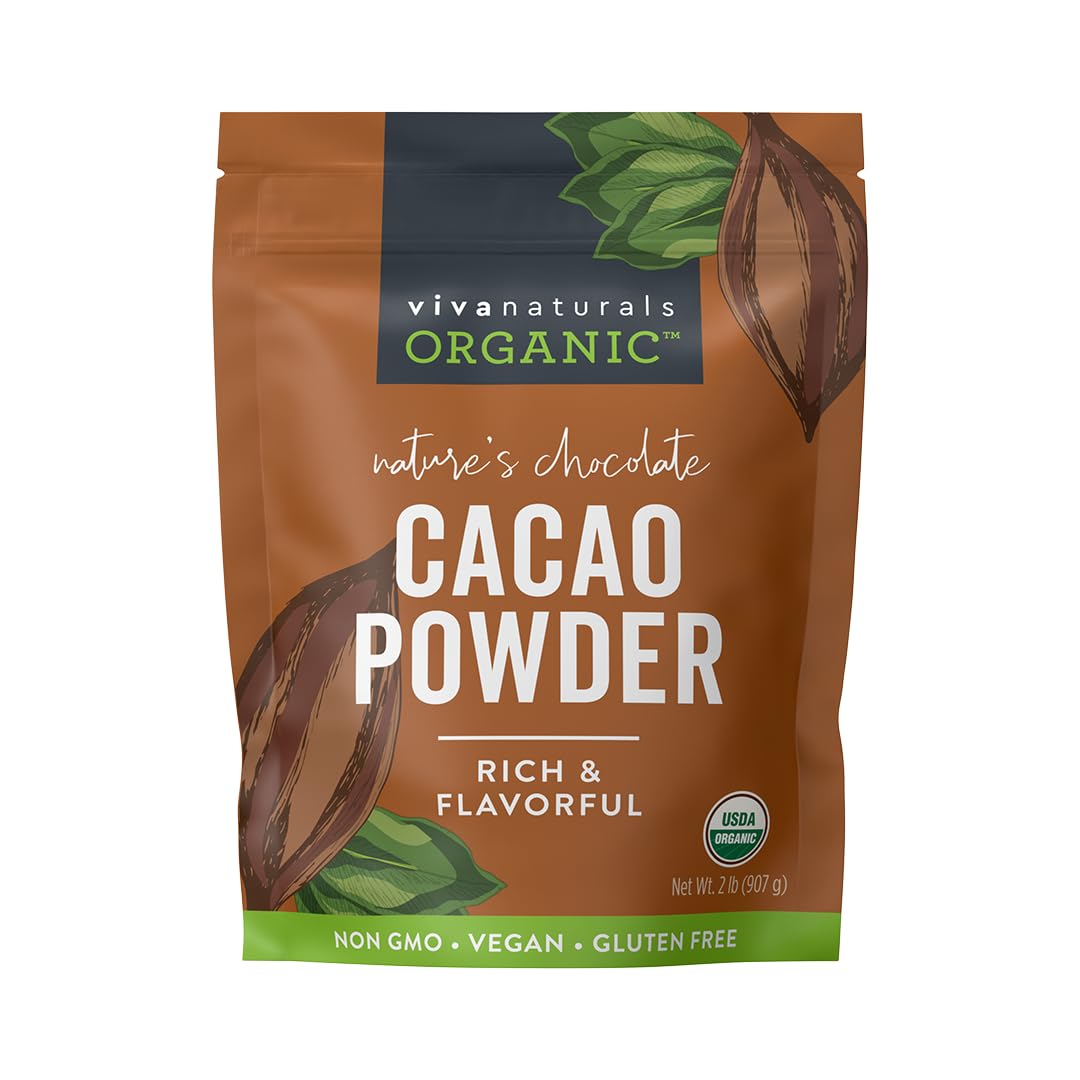 Viva Naturals Organic Cacao Powder, 2lb - Unsweetened Cocoa Powder With Rich Dark Chocolate Flavor, Perfect for Baking & Smoothies - Certified Vegan, Keto & Paleo, Non-GMO & Gluten-Free, 907 g