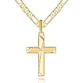 GLOSOLE Cross Necklace 14K Gold Cross Necklace for Men Gold Crosses Chain for Men Irregular Cutting Lines with Figaro Chain Mens Crosses Pendant 20/22/24in