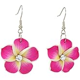Floral Dangle Earrings for Women Hawaiian Tropical Plumeria Rubra Flower Drop Earrings with Cubic Zirconia Luau Beach Party Vacation Hawaiian Accessories Jewelry Gift