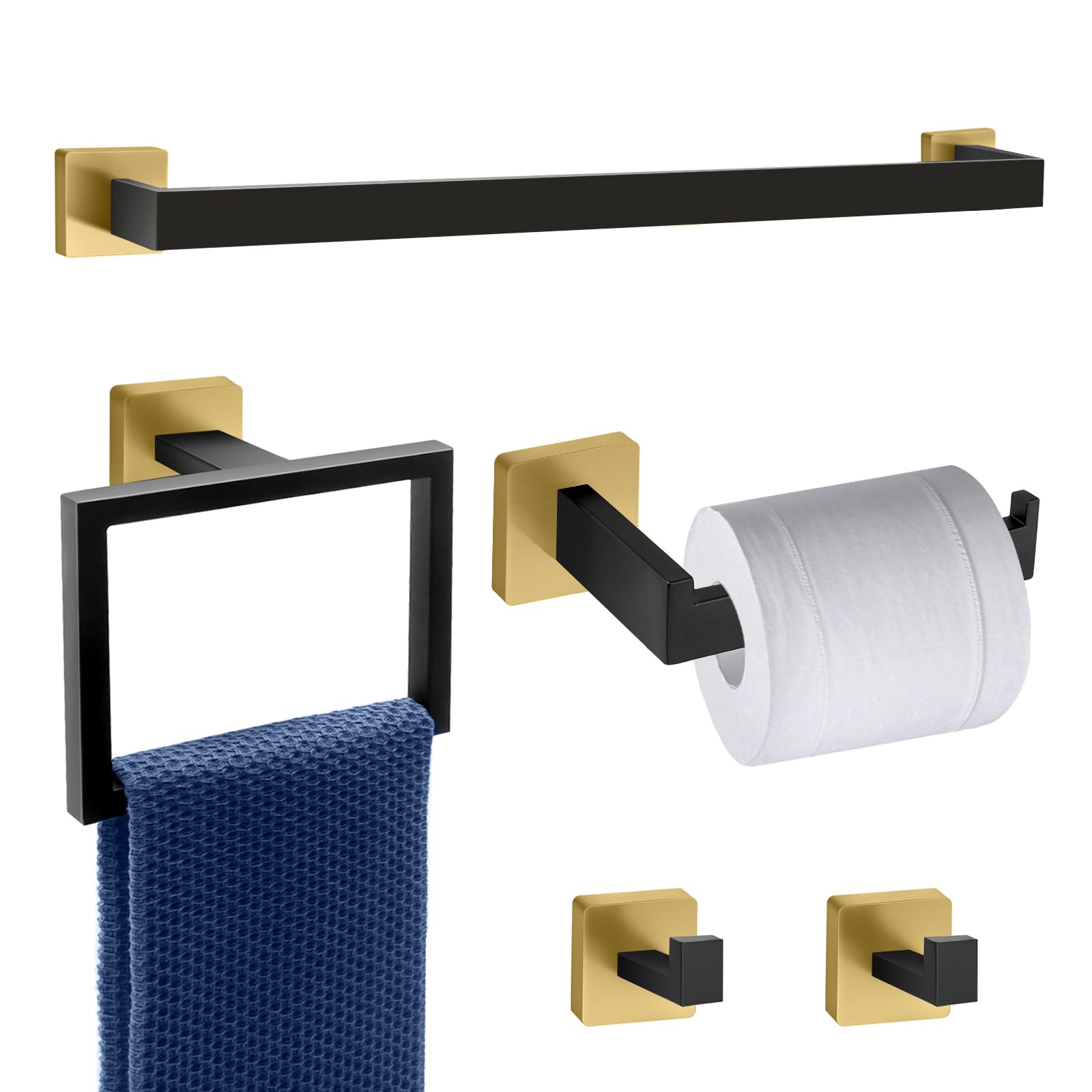 Photo 1 of 5 Piece Black and Gold Towel Bar Set - Gold and Black Bathroom Accessories with 2 Towel Hook, Stainless Steel Wall Mounted Bathroom Towel Rack Set - Square 16-Inch