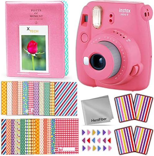 Fujifilm Instax Mini 9 Instantaneous Fuji Digicam (Flamingo Pink) + Equipment Bundle + Customized Matching Case w/Neck Strap + Photograph Album + Assorted Frames + 4 Coloration Filters + 60 Sticker Frames + Extra