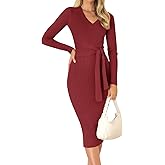 ZESICA Women's 2026 Spring Sweater Dress V Neck Long Sleeve Ribbed Knit Tie Waist Bodycon Slim Fit Midi Dresses
