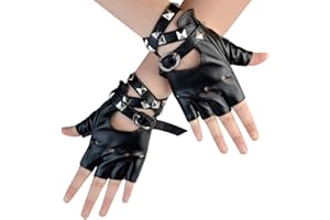 Nydotd Women Punk Rivets Half Finger PU Leather Performance Costume Fingerless Gloves