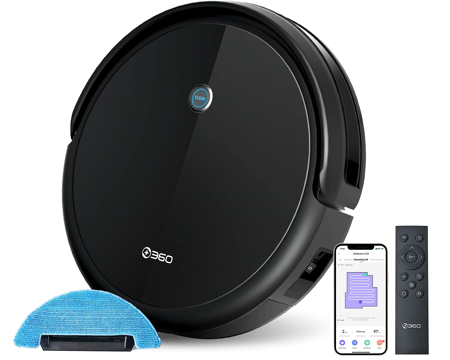 Photo 1 of + 360 C50 Robot Vacuum and Mop, 2600 Pa, Zigzag Cleaning, Scheduled Cleaning, Edge, Spot, Deep Cleaning, Compatible with Alexa and Google Assistant, Black