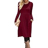 DB MOON Women Casual Long Sleeve Dresses Empire Waist Knee Length Loose Dress with Pockets