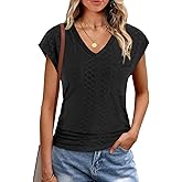 BKRIVE Eyelet Womens Tops Cap Sleeve V Neck T Shirts for Women Summer Shirts