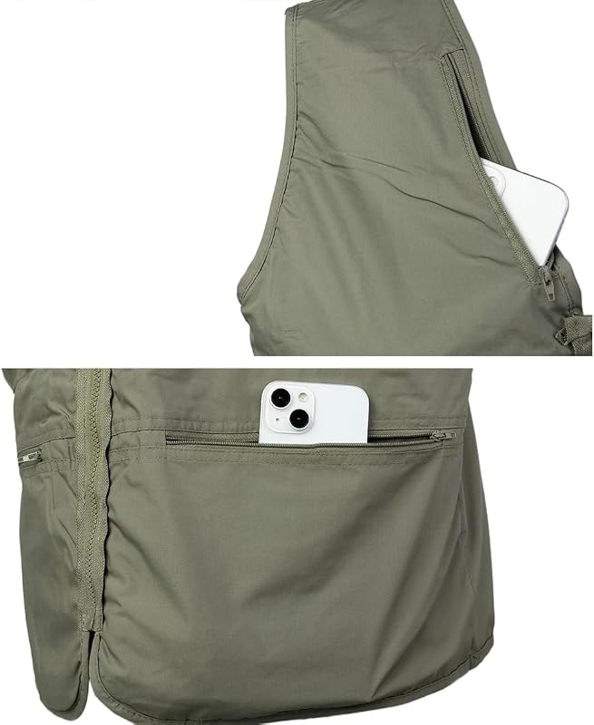 Herren Anglerweste Outdoor Weste mit Vielen Taschen Schnelltrocknend Sommerweste Funktionsweste Jagdweste Safari Fotografie Hundesport Weste, Grün, L — Foto 7 von 7