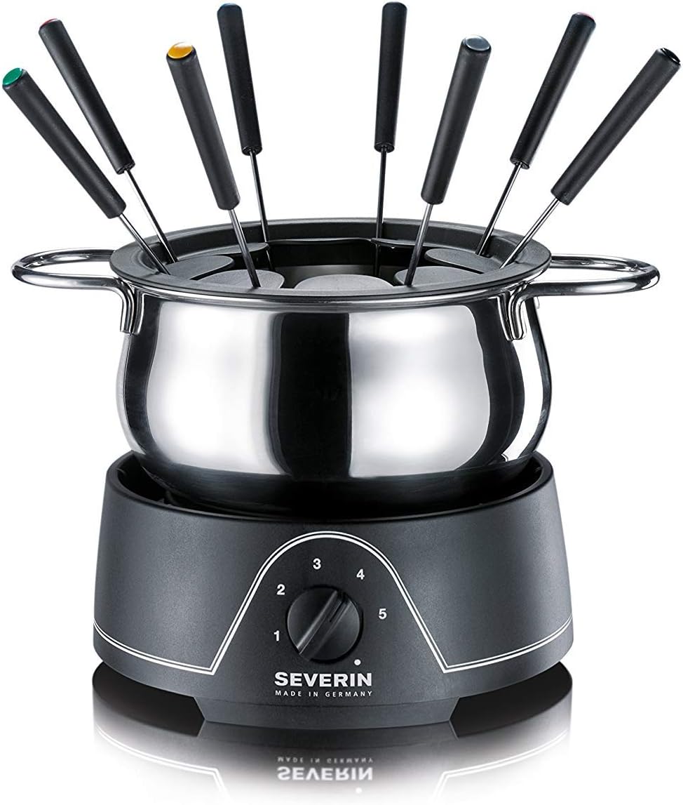 SEVERIN Fondue mit abnehmbarem Edelstahltopf, ca. 800 W, Inkl. Spritzschutz und 8 Fondue-Gabeln, FO 2400
