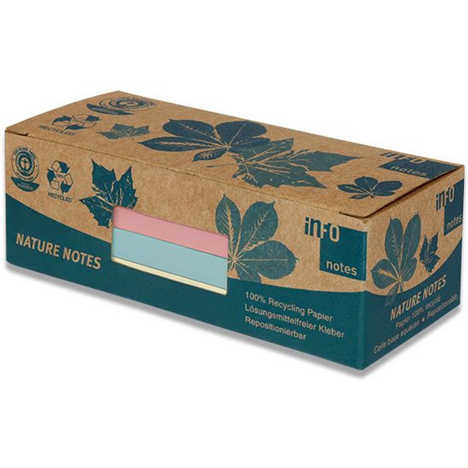 100% Recycled Sticky Notes Pastel Mix 50 x 40 mm Blue Angel Certified 100 Sheets per Pad 12 Pads Packed in Recycled Box