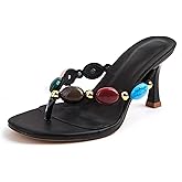 BOEGBNW Women's Jeweled stiletto Flip Flops Sexy Slip on Comfortable heel Strappy Thong Sandals Summer Round open toe wedding party dress mules