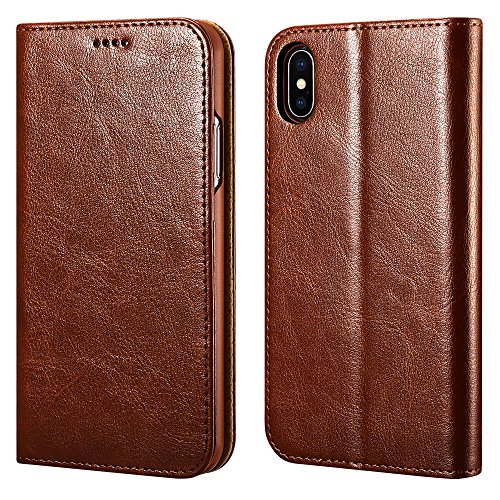 iPhone XS Max Wallet Case, ICARER Premium PU Leather Folio Flip Cover with Kickstand and Credit Slots for Apple iPhone XS Max 6.5 Inch (Brown)