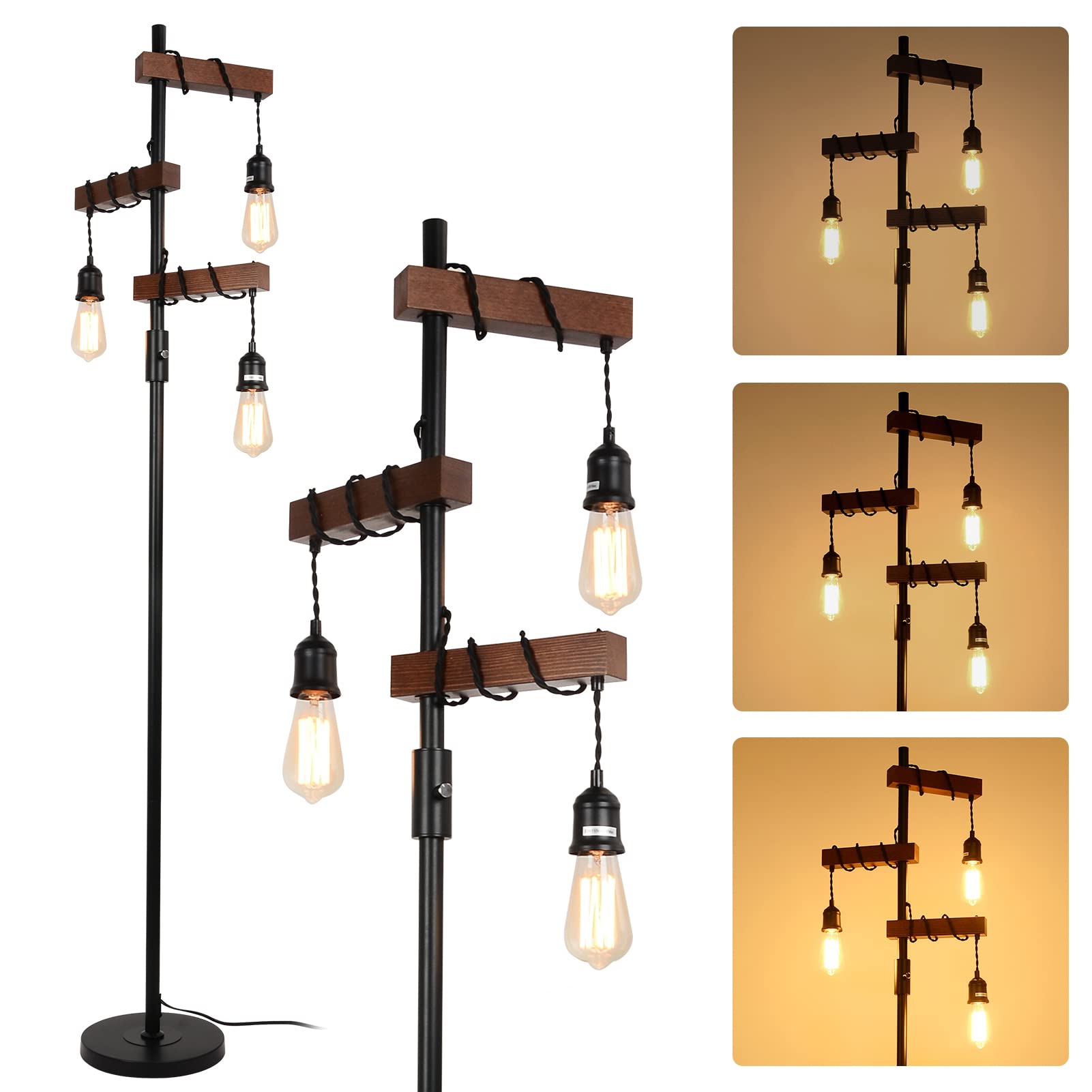Dimmable Industrial Floor Lamp, Farmhouse Tree Floor Lamp, 68 Inch 3 Lights Wood Standing Lamp ...