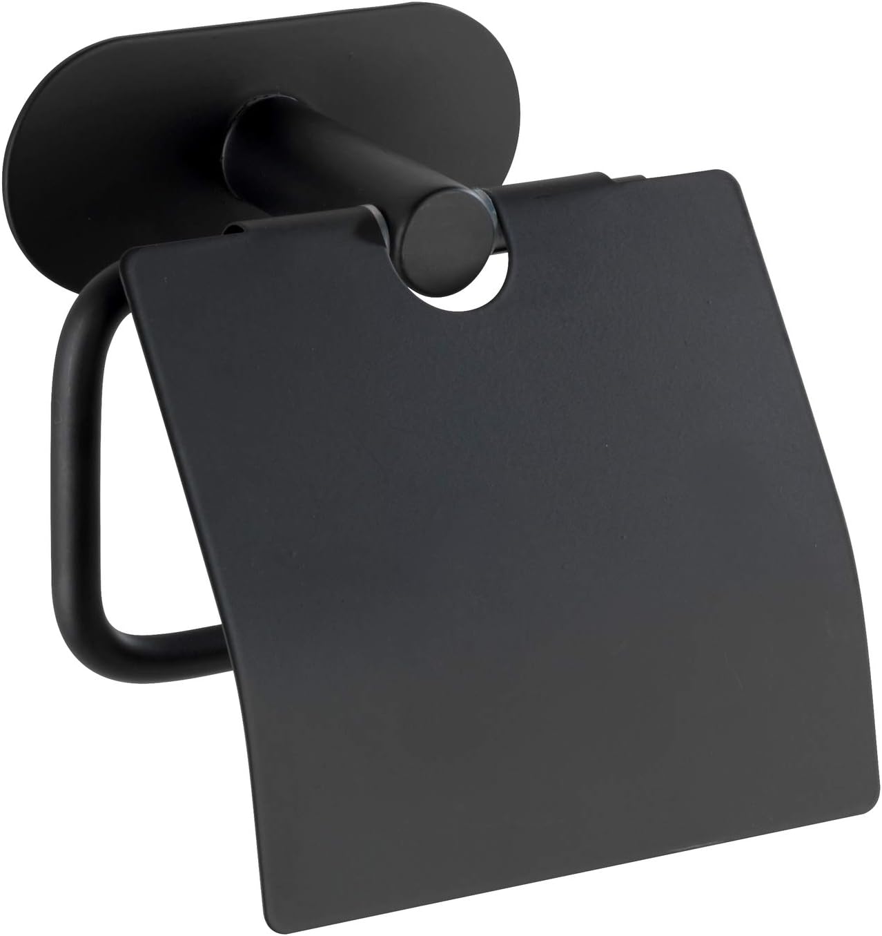 WENKO Turbo-Loc® Stainless Steel Toilet Roll Holder with Lid Orea Black Matt, Toilet Roll Holder, Attaches Without Drilling