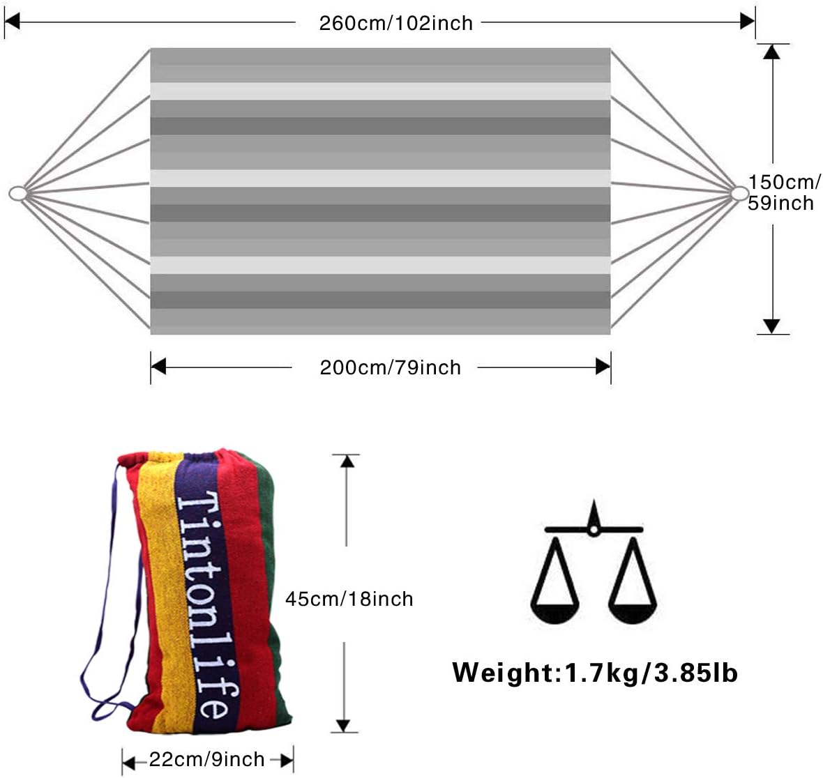 Tintonlife Brazilian Double Hammock 2 Person Canvas Cotton Hammock with Carrying Bag for Patio Porch Garden Backyard Lounging Outdoor/ Indoor Rainbow Stripe Hammock : Garden & Outdoor
