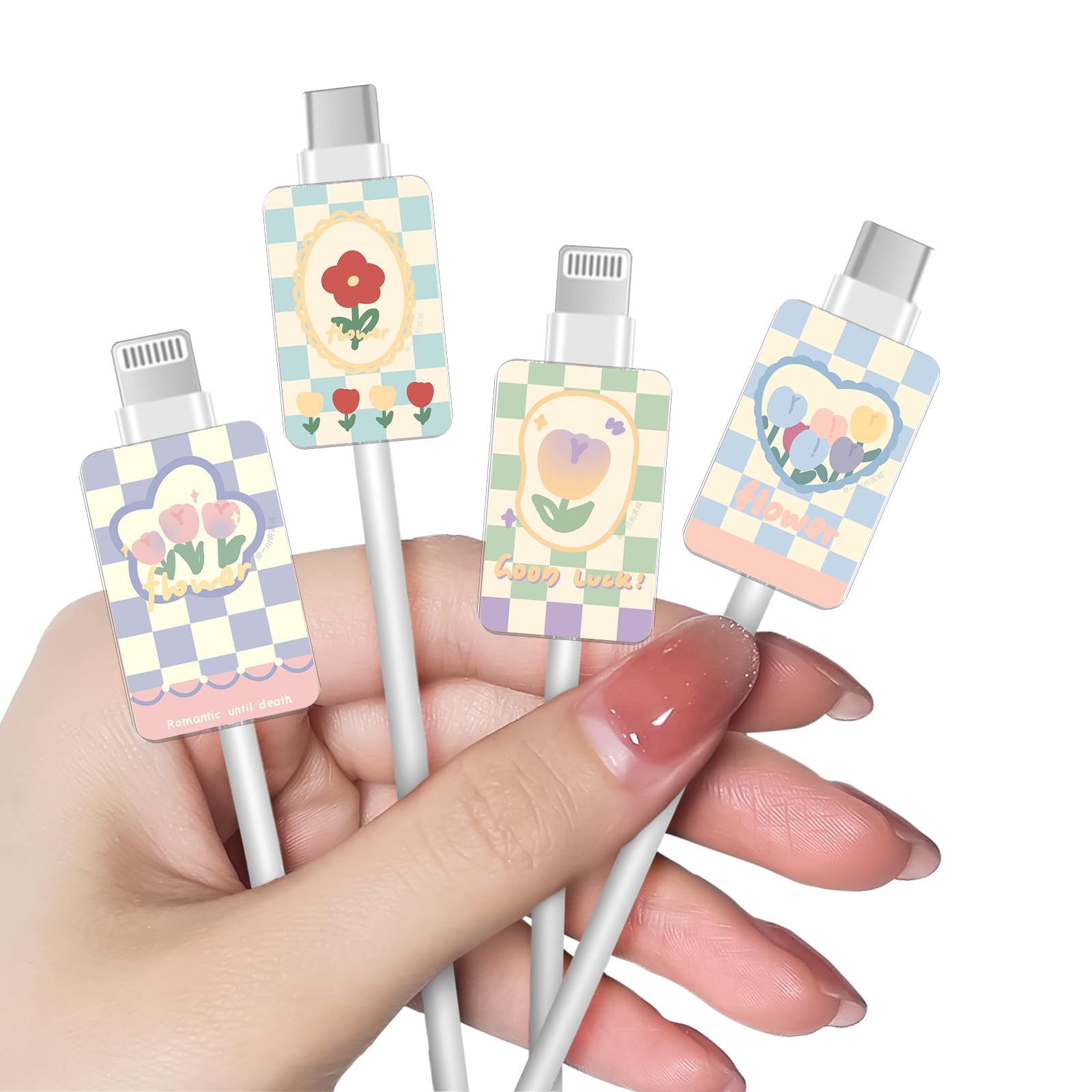Cute Cable Protector Compatible for iPhone Type-c, Lovely Checkerboard Lattice Flowers Pattern 4pcs Soft USB Cable Protector, Charging Cord Protector,Cable Chomper,Cord Saver for Women Girls