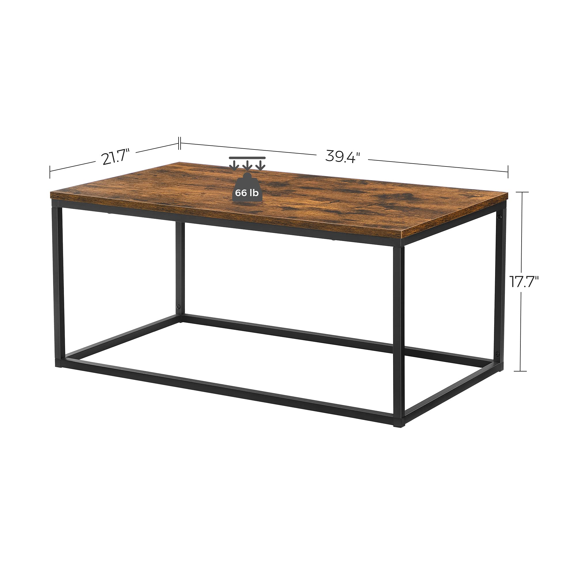 VASAGLE Coffee Table with Thickened Board, 39.4 Inch, Open Rectangle Living Room Table, Steel Frame and Wood Panel, Easy to Assemble, for Living Room, Industrial, Rustic Brown and Black ULCT052B01