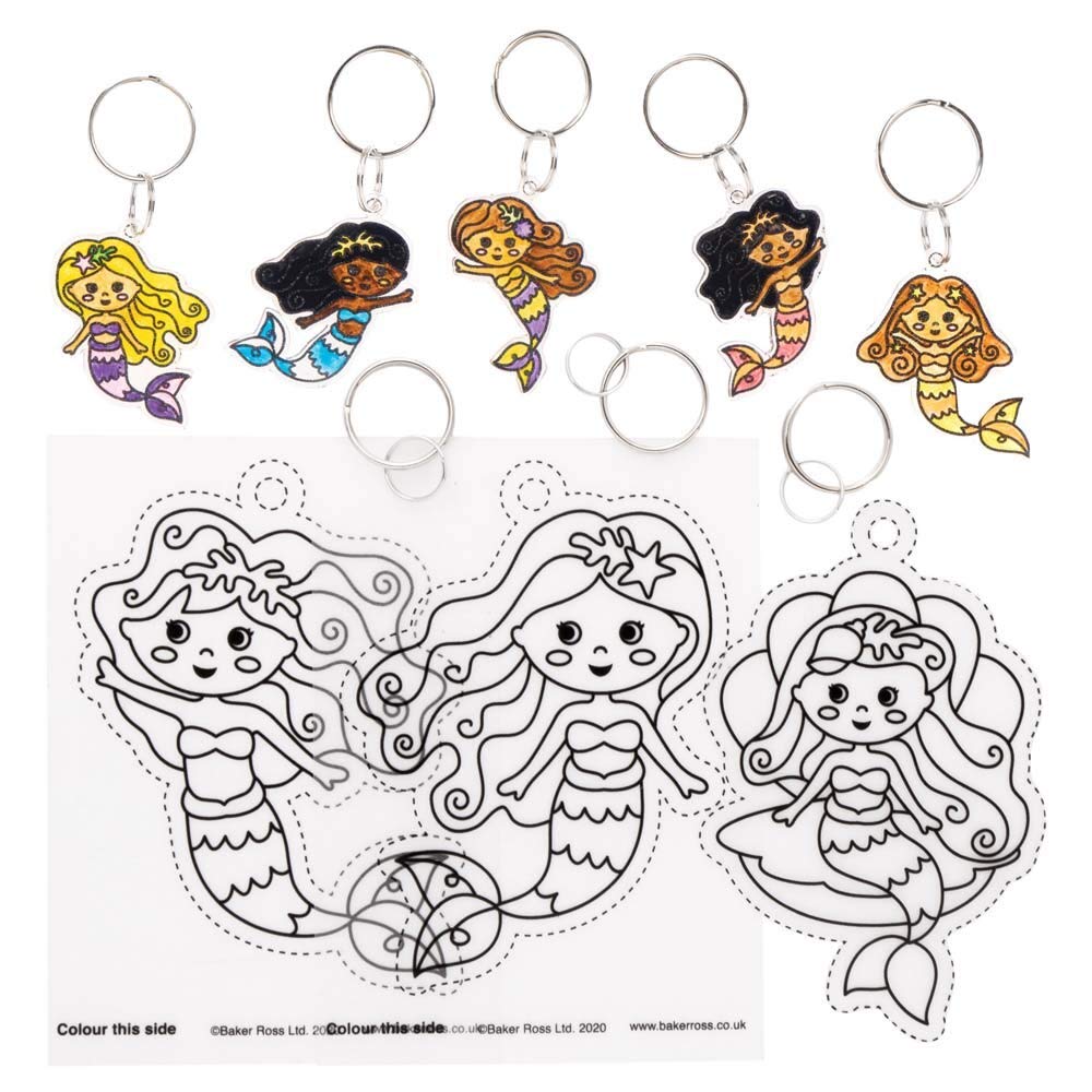 Baker Ross FE161 Mermaid Super Shrink Keyrings - Pack of 8, Keyrings for Crafts to Colour in, Make and Display, Make Your Own for Kids, Mermaid Shrink Art Keyrings