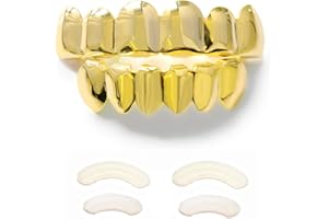 TSANLY Gold Grillz 6 Teeth Mouth 24K Plated Gold Top & Bottom Grills Caps Set For Son + Extra Molding Bars + Microfiber Cloth